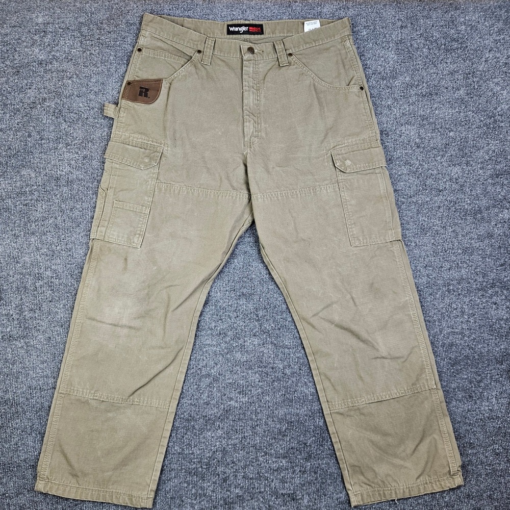 Wrangler Riggs Pants Men 38x32(30) Ripstop Dark‎ Khaki Utility Double Knee READ